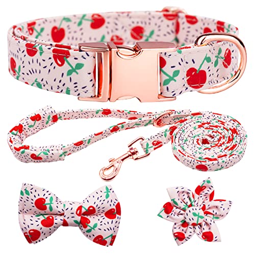 HSIGIO Hundehalsband und Leine, Set, Mädchen, verstellbare Welpenhalsbänder mit Blumen-Fliege für kleine, mittelgroße und große Hündinnen, Kirsche, S von HSIGIO