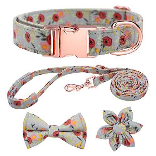HSIGIO Hundehalsband und Leine, Set, Mädchen, verstellbare Welpenhalsbänder mit Blumen-Fliege für kleine, mittelgroße und große Hündinnen, Rose, L von HSIGIO