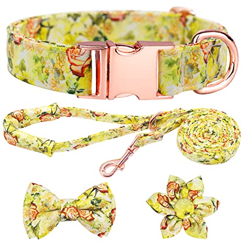 HSIGIO Hundehalsband und Leine, Set, Mädchen, verstellbare Welpenhalsbänder mit Blumen-Fliege für kleine, mittelgroße und große Hündinnen, gelbe Rose, S von HSIGIO