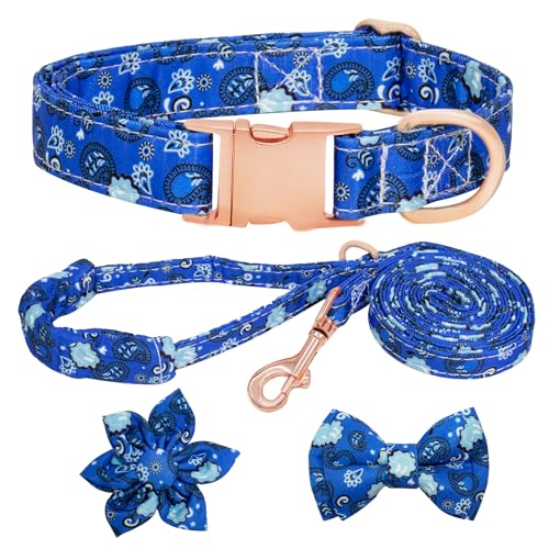 HSIGIO Hundehalsband und Leine, Set für Mädchen, verstellbare Welpenhalsbänder mit floraler Fliege für kleine, mittelgroße und große Hündinnen, Blaues Paisley, XS HSIGIO Hundehalsband und Leine, Set für Mädchen, verstellbare Welpenhalsbänder mit floraler Fliege für kleine, mittelgroße und große Hündinnen, Blaues Paisley, XS von HSIGIO