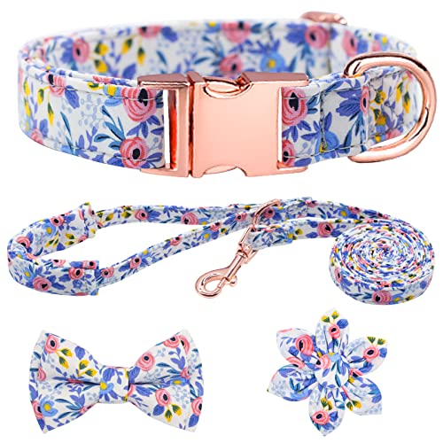 HSIGIO Hundehalsband und Leine, Set für Mädchen, verstellbare Welpenhalsbänder mit floraler Fliege für kleine, mittelgroße und große Hündinnen, blaue Blume, XS von HSIGIO