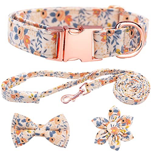 HSIGIO Hundehalsband und Leine, Set für Mädchen, verstellbare Welpenhalsbänder mit floraler Fliege für kleine, mittelgroße und große Hündinnen, orangefarbene Blume, S von HSIGIO