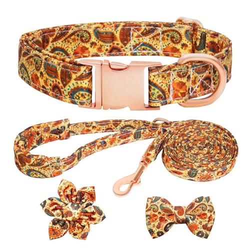 HSIGIO Hundehalsband und Leine, Set für Mädchen, verstellbare Welpenhalsbänder mit floraler Fliege für kleine, mittelgroße und große Hündinnen, orangefarbenes Paisleymuster, Größe L HSIGIO Hundehalsband und Leine, Set für Mädchen, verstellbare Welpenhalsbänder mit floraler Fliege für kleine, mittelgroße und große Hündinnen, orangefarbenes Paisleymuster, Größe L von HSIGIO