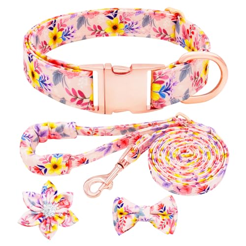 HSIGIO Hundehalsband und Leine, Set für Mädchen, verstellbare Welpenhalsbänder mit floraler Fliege für kleine, mittelgroße und große Hündinnen, rosa Blume, Größe L von HSIGIO
