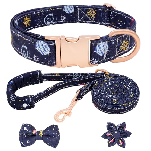 HSIGIO Hundehalsband und Leine, verstellbar, für Mädchen, Welpen, Blumenhalsbänder mit Fliege für kleine, mittelgroße und große Hunde (Größe M, blauer Planet) von HSIGIO
