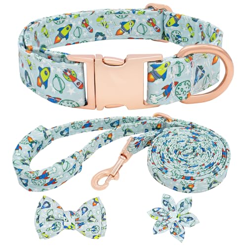 HSIGIO Hundehalsband und Leine, verstellbar, für Mädchen, Welpen, Blumenhalsbänder mit Fliege für kleine, mittelgroße und große Hunde (L, Rakete) von HSIGIO