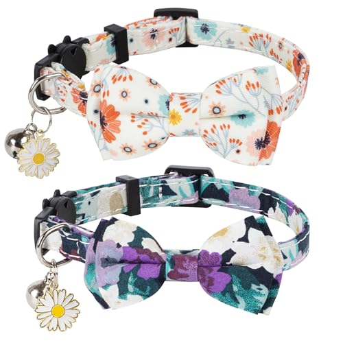 HSIGIO Katzenhalsband mit Glöckchen, Breakaway-Katzenhalsband, Fliege, violett-weiß, Blumenmuster, 2 Stück, Sicherheits-Halsbänder für Mädchen, Jungen, männliche Katzen von HSIGIO