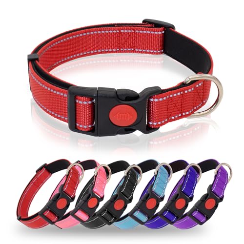 HSIGIO Reflektierendes Hundehalsband, strapazierfähig, verstellbar, mit Sicherheitsverschluss, weiches Neopren, gepolstertes Hundehalsband für extra große Hunde, Rot, Größe XL von HSIGIO