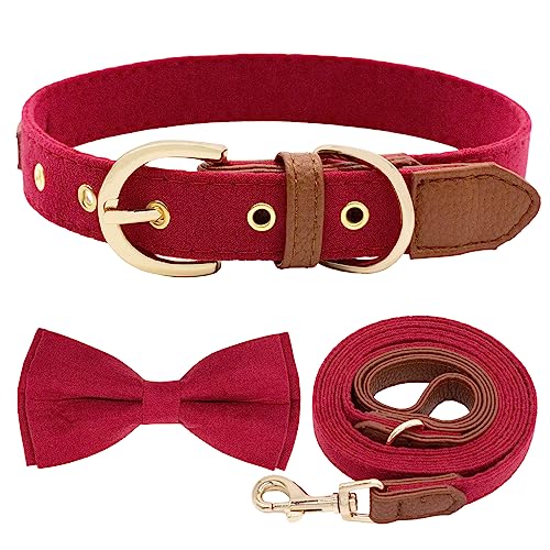 Hundehalsband und Leine, Wildleder, weich, verstellbar, Welpenhalsbänder mit Fliege für kleine, mittelgroße und große Hunde | Wildleder & PU-Leder Nähte Halsband-Set, rot, XS von HSIGIO