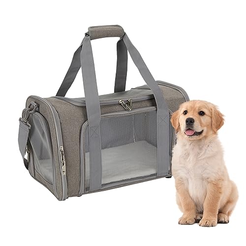 HSJKWPT transporttasche für Katze Hund, Katzen transporttasche bis zu 6kg, Hund transporttasche mit Schultergurt und weiches Kissen Faltbare Hundetasche für Haustiere im Auto Flugzeug Bahn (Grau) von HSJKWPT