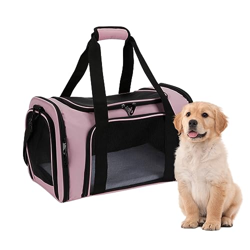 HSJKWPT transporttasche für Katze Hund, Katzen transporttasche bis zu 6kg, Hund transporttasche mit Schultergurt und weiches Kissen Faltbare Hundetasche für Haustiere im Auto Flugzeug Bahn (Rosa) von HSJKWPT