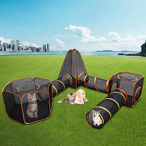 HSSZXFR Outdoor Katzengehege 6-in-1 Tragbares Zelt mit Tunnel Tragbare Pop-Up-Netzzelte Faltbare Compound Haustier Spielhaus Laufstall Spielzelte für Outdoor Kleintiere DIY auf mehrere Arten von HSSZXFR