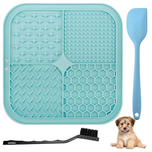 Leckmatte für Hunde und Katzen, Slow Feed Leckmatte mit Saugnäpfen, Schleckmatte mit Silikonspatel und Bürste, für Langsame Fütterung, Baden und Training, 20 X 20cm (Türkis Vine) von HSYTEK