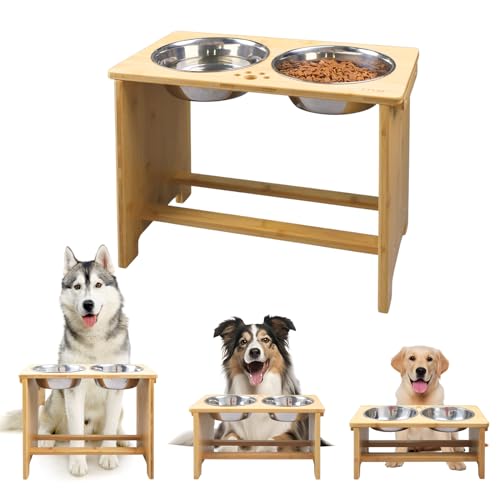 HTB Erhöhte Hundenäpfe für große Hunde, Bambus Erhöhte Hundenapfständer mit 2 Edelstahlschüsseln für kleine mittelgroße Hunde und Haustiere - 44x24x36cm von HTB
