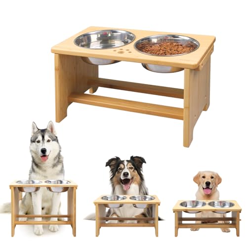 HTB Erhöhte Hundenäpfe für große Hunde, Bambus Erhöhte Hundenapfständer mit 2 Edelstahlschüsseln für kleine mittelgroße Hunde und Haustiere - 44x24x25.5cm von HTB