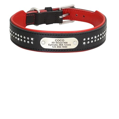 Personalisiertes Hundehalsband Bling Strass Leder Haustierhalsbänder for kleine mittelgroße und große Hunde Graviertes Haustier-ID-Namensschild(107 Black,4) von HTBCPNF