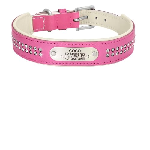 Personalisiertes Hundehalsband Bling Strass Leder Haustierhalsbänder for kleine mittelgroße und große Hunde Graviertes Haustier-ID-Namensschild(107 Pink,4) von HTBCPNF