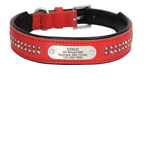 Personalisiertes Hundehalsband Bling Strass Leder Haustierhalsbänder for kleine mittelgroße und große Hunde Graviertes Haustier-ID-Namensschild(107 Red,4) von HTBCPNF