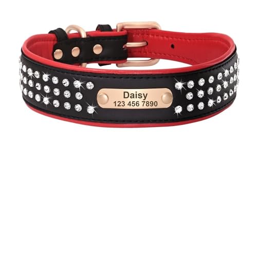 Personalisiertes Hundehalsband Bling Strass Leder Haustierhalsbänder for kleine mittelgroße und große Hunde Graviertes Haustier-ID-Namensschild(302 Black,2) von HTBCPNF