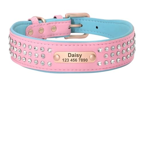 Personalisiertes Hundehalsband Bling Strass Leder Haustierhalsbänder for kleine mittelgroße und große Hunde Graviertes Haustier-ID-Namensschild(302 Pink,2) von HTBCPNF