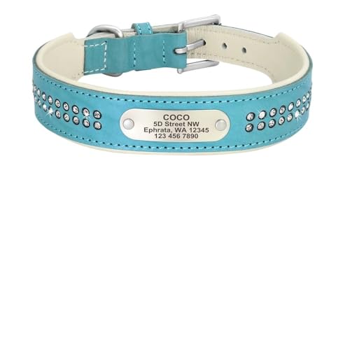 Personalisiertes Hundehalsband Bling Strass Leder Haustierhalsbänder for kleine mittelgroße und große Hunde Graviertes Haustier-ID-Namensschild breites hundehalsband(107 Blue,2) von HTBCPNF
