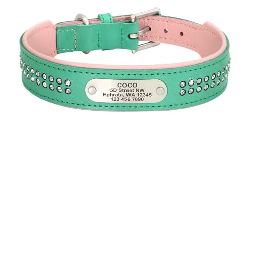 Personalisiertes Hundehalsband Bling Strass Leder Haustierhalsbänder for kleine mittelgroße und große Hunde Graviertes Haustier-ID-Namensschild breites hundehalsband(107 Green,4) von HTBCPNF