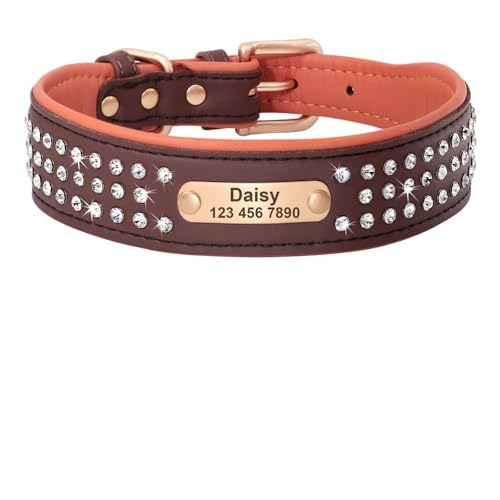Personalisiertes Hundehalsband Bling Strass Leder Haustierhalsbänder for kleine mittelgroße und große Hunde Graviertes Haustier-ID-Namensschild breites hundehalsband(302 Brown,4) von HTBCPNF