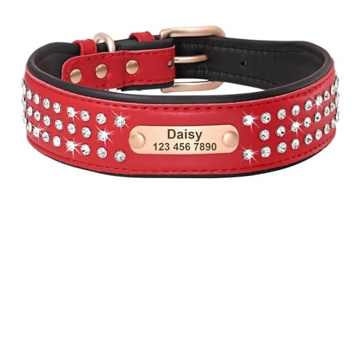 Personalisiertes Hundehalsband Bling Strass Leder Haustierhalsbänder for kleine mittelgroße und große Hunde Graviertes Haustier-ID-Namensschild breites hundehalsband(302 Red,4) von HTBCPNF