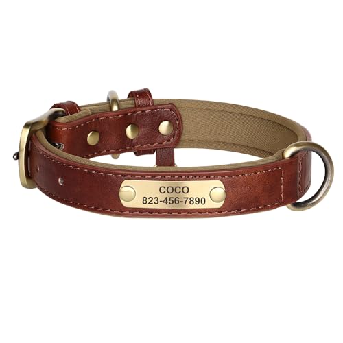 Personalisiertes Hundehalsband-Leinen-Set, Hundehalsbänder mit Hundemarke aus PU-Leder, kostenloses graviertes Namensschild, for kleine, mittelgroße und große Hunde(Brown Collar,ML) von HTBCPNF