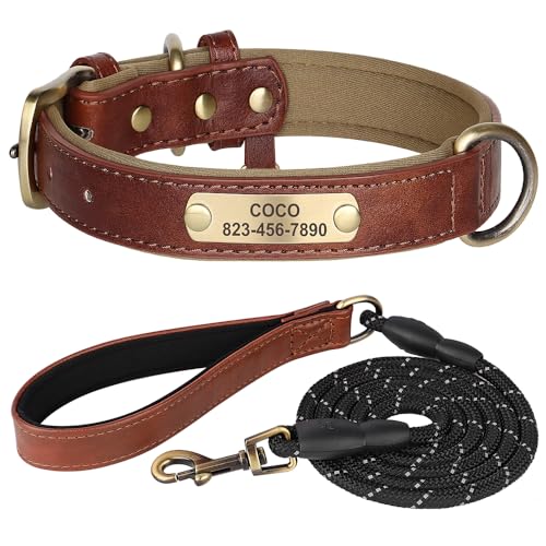 Personalisiertes Hundehalsband-Leinen-Set, Hundehalsbänder mit Hundemarke aus PU-Leder, kostenloses graviertes Namensschild, for kleine, mittelgroße und große Hunde(Brown Set,ML) von HTBCPNF