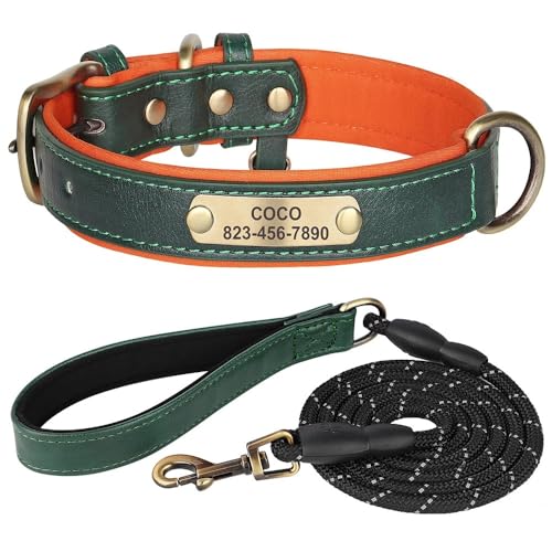 Personalisiertes Hundehalsband-Leinen-Set, Hundehalsbänder mit Hundemarke aus PU-Leder, kostenloses graviertes Namensschild, for kleine, mittelgroße und große Hunde(Green Set,ML) von HTBCPNF