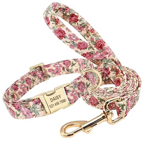 Personalisiertes Hundehalsband- und Leinenset, Nylon-Hundehalsbänder mit Blumendruck, individuelles ID-Tag for mittelgroße und große Hunde(10,2) von HTBCPNF