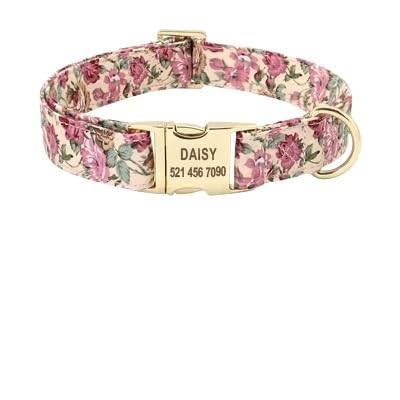 Personalisiertes Hundehalsband- und Leinenset, Nylon-Hundehalsbänder mit Blumendruck, individuelles ID-Tag for mittelgroße und große Hunde breites hundehalsband(Beige Collar,1) von HTBCPNF