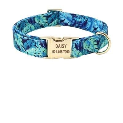 Personalisiertes Hundehalsband- und Leinenset, Nylon-Hundehalsbänder mit Blumendruck, individuelles ID-Tag for mittelgroße und große Hunde breites hundehalsband(Blue Collar,1) von HTBCPNF
