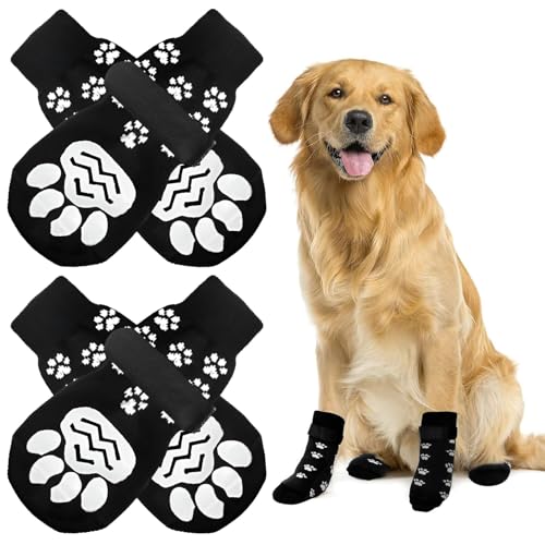 HTRTRR 4er-Set Anti-Rutsch-Socken für Hunde, Anti-Rutsch-Socken für Hunde mit verstellbarem Riemen, Hundepfotenschoner mit Baumwolle für große und kleine (L) von HTRTRR