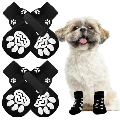 HTRTRR 4er-Set Anti-Rutsch-Socken für Hunde, Anti-Rutsch-Socken für Hunde mit verstellbarem Riemen, Hundepfotenschoner mit Baumwolle für große und kleine (S) von HTRTRR