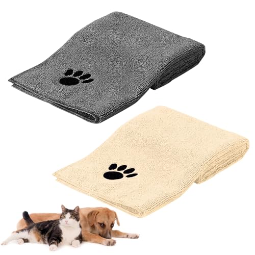 HTRTRR Hundehandtuch, 2 Stück Microfaser Handtücher für Hunde Katzen,75 x 35 cm Schnell Trocknend Extra Saugfähig für Katzen Kuschelweich, Schnell trocknendes，Maschinenwaschbar (Grau+Beige) von HTRTRR