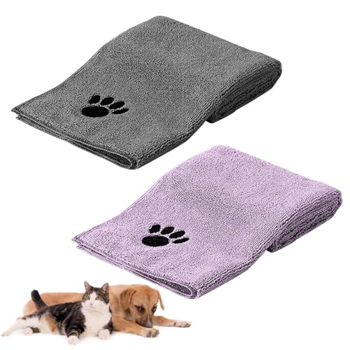 HTRTRR Hundehandtuch, 2 Stück Microfaser Handtücher für Hunde Katzen,75 x 35 cm Schnell Trocknend Extra Saugfähig für Katzen Kuschelweich, Schnell trocknendes，Maschinenwaschbar(Grau+Lila) von HTRTRR