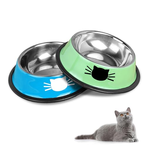 HTRTRR Katzennapf-Set, rutschfeste Katzennäpfe aus Edelstahl, Katzenfressnäpfe, Katzentränken, große Näpfe für Katzen und Trinknäpfe für Haustiere (Blau + Grün) von HTRTRR