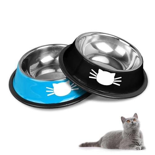 HTRTRR Katzennapf-Set, rutschfeste Katzennäpfe aus Edelstahl, Katzenfressnäpfe, Katzentränken, große Näpfe für Katzen und Trinknäpfe für Haustiere (Blau + Schwarz) von HTRTRR