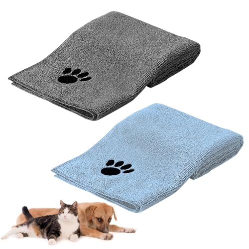 HTRTRR Hundehandtuch, 2 Stück Microfaser Handtücher für Hunde Katzen,75 x 35 cm Schnell Trocknend Extra Saugfähig für Katzen Kuschelweich, Schnell trocknendes，Maschinenwaschbar(Grau+Blau) von HTRTRR