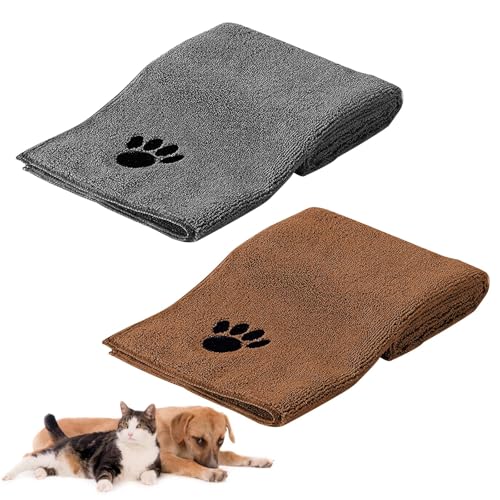 HTRTRR Hundehandtuch, 2 Stück Microfaser Handtücher für Hunde Katzen,75 x 35 cm Schnell Trocknend Extra Saugfähig für Katzen Kuschelweich, Schnell trocknendes，Maschinenwaschbar (Grau+Braun) von HTRTRR