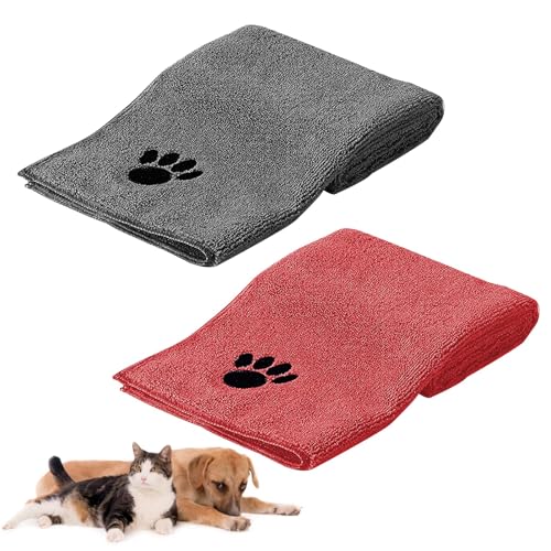HTRTRR Hundehandtuch, 2 Stück Microfaser Handtücher für Hunde Katzen,75 x 35 cm Schnell Trocknend Extra Saugfähig für Katzen Kuschelweich, Schnell trocknendes，Maschinenwaschbar (Grau+Rot) von HTRTRR