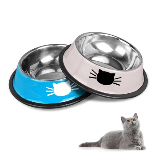 Katzennäpfe Katzenschüssel Set, rutschfeste Katzennäpfe aus Edelstahl, Katzenfressnäpfe, Katzentränken, Katzennäpfe und Trinknäpfe für Haustiere (Blau + Grau) von HTRTRR
