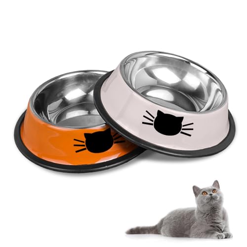 Katzennäpfe Katzenschüssel Set, rutschfeste Katzennäpfe aus Edelstahl, Katzenfressnäpfe, Katzentränken, Katzennäpfe und Trinknäpfe für Haustiere (Grau + Orange) von HTRTRR