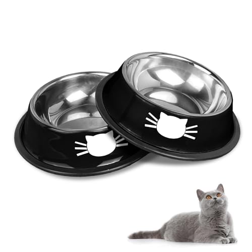 Katzennäpfe Katzenschüssel Set, rutschfeste Katzennäpfe aus Edelstahl, Katzenfressnäpfe, Katzentränken, Katzennäpfe und Trinknäpfe für Haustiere (Schwarz+Schwarz) von HTRTRR