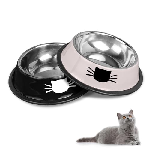 Katzennäpfe Katzenschüssel Set, rutschfeste Katzennäpfe aus Edelstahl, Katzenfressnäpfe, Katzentränken, Katzennäpfe und Trinknäpfe für Haustiere (Schwarz + Grau) von HTRTRR