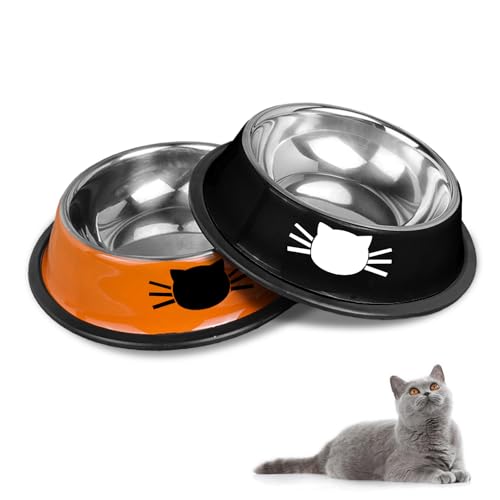Katzennäpfe Katzenschüssel Set, rutschfeste Katzennäpfe aus Edelstahl, Katzenfressnäpfe, Katzentränken, Katzennäpfe und Trinknäpfe für Haustiere (Schwarz + Orange) von HTRTRR