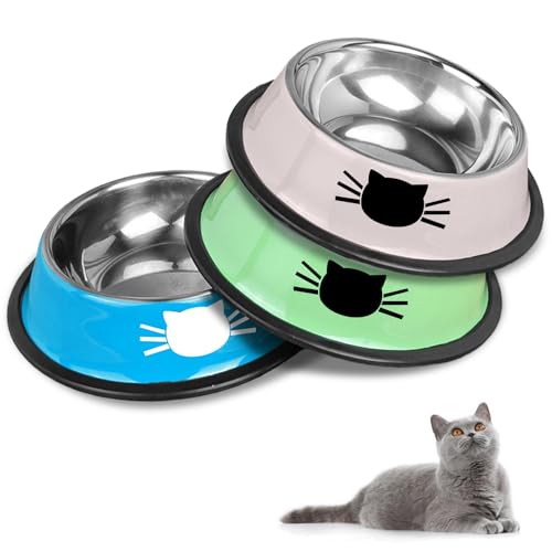HTRTRR Katzennapf-Set, rutschfeste Katzennäpfe aus Edelstahl, Katzenfressnäpfe, Katzentränken, große Näpfe für Katzen und Trinknäpfe für Haustiere (Blau+Grün+Grau) von HTRTRR