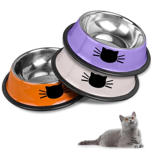 HTRTRR Katzennapf-Set, rutschfeste Katzennäpfe aus Edelstahl, Katzenfressnäpfe, Katzentränken, große Näpfe für Katzen und Trinknäpfe für Haustiere (Grau + Orange + Lila) von HTRTRR
